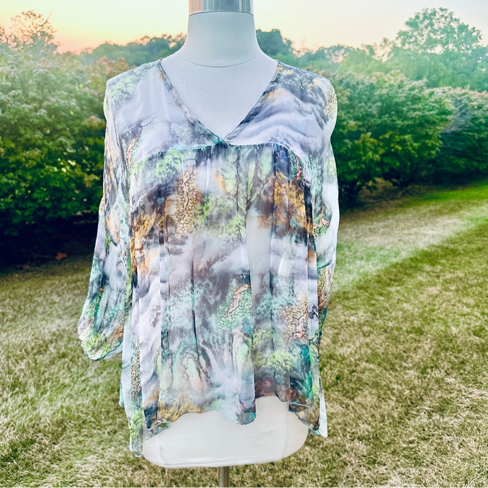 Tempo Paris Sheer Landscape Print Blouse Medium V-Neck High-Low Boho Top - Picture 2 of 10